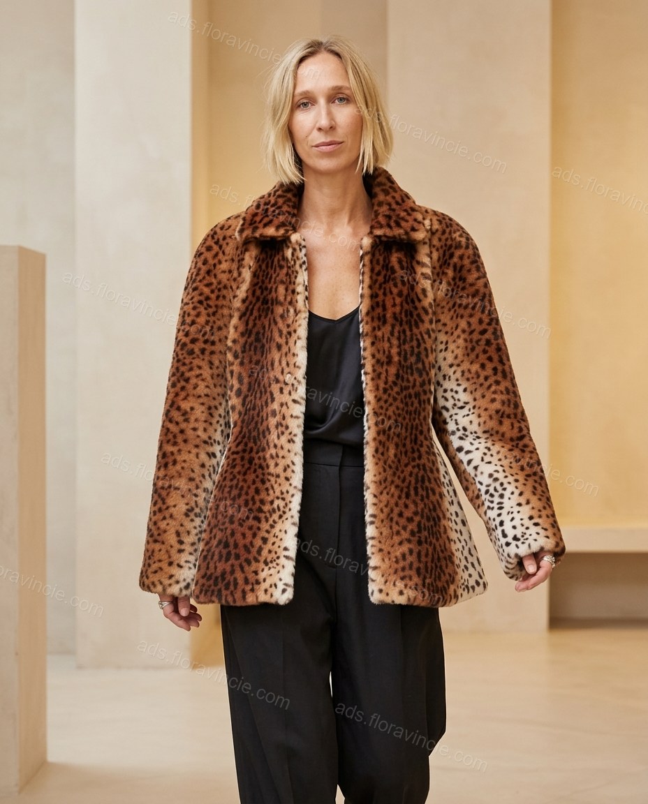 Brown Leopard Print Peplum Faux-Fur Jacket, full-length hero view, by ads.floravincie.com