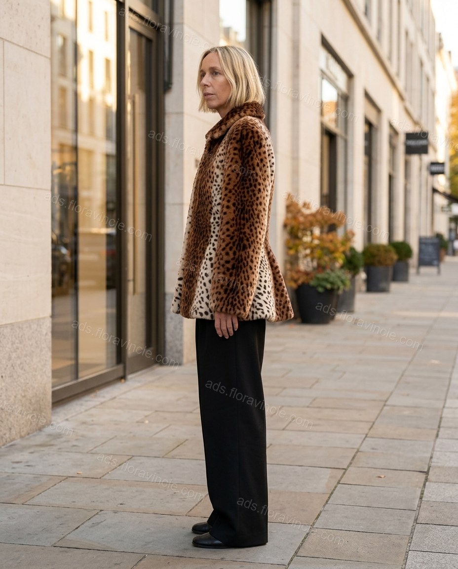 Brown Leopard Print Peplum Faux-Fur Jacket, three-quarter brand lifestyle view, by ads.floravincie.com