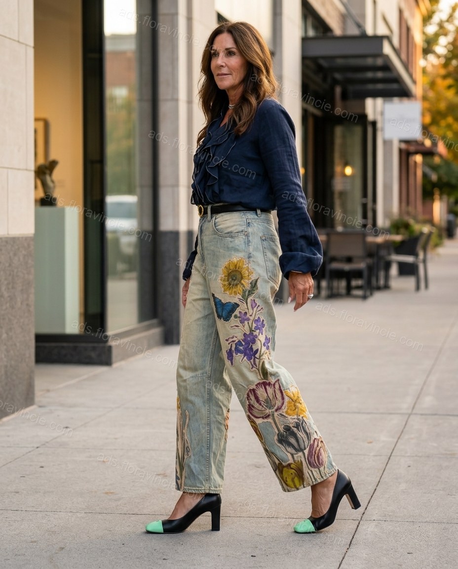 Light Blue Floral Embroidered Denim Blouse & Pants Set, alternate use-case lifestyle view, by ads.floravincie.com