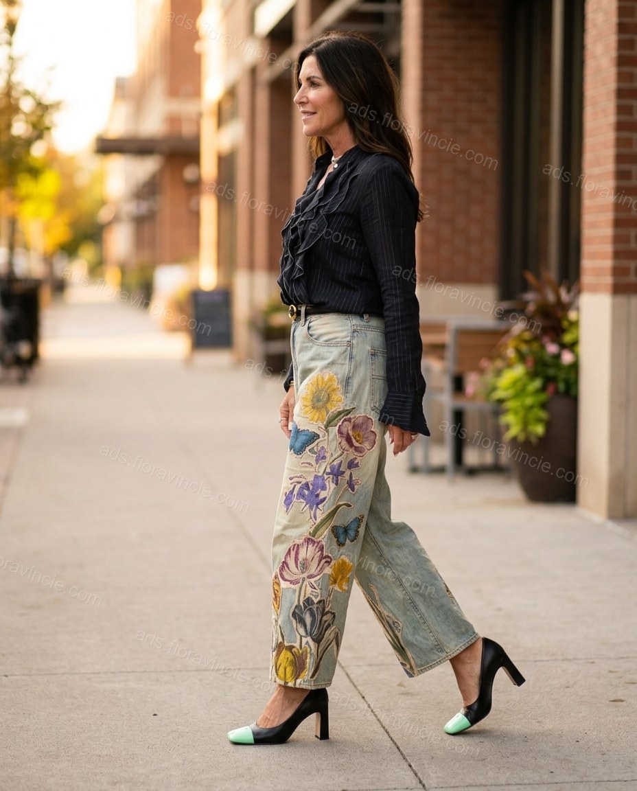 Light Blue Floral Embroidered Denim Blouse & Pants Set, movement and fit lifestyle view, by ads.floravincie.com