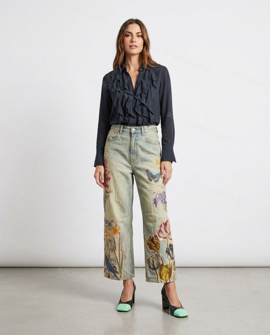 Light Blue Floral Embroidered Denim Blouse & Pants Set, front studio view, by ads.floravincie.com