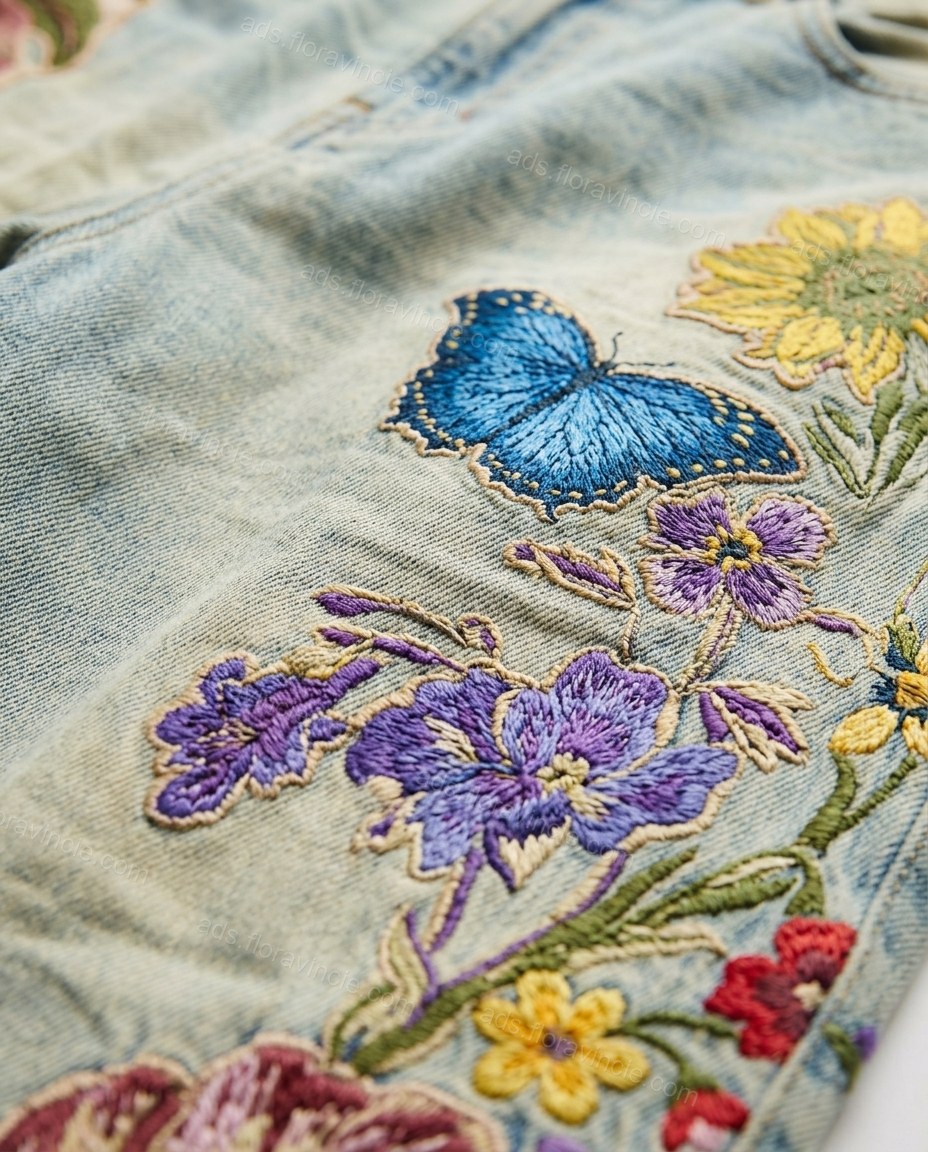 Light Blue Floral Embroidered Denim Blouse & Pants Set, close-up of floral embroidery, by ads.floravincie.com