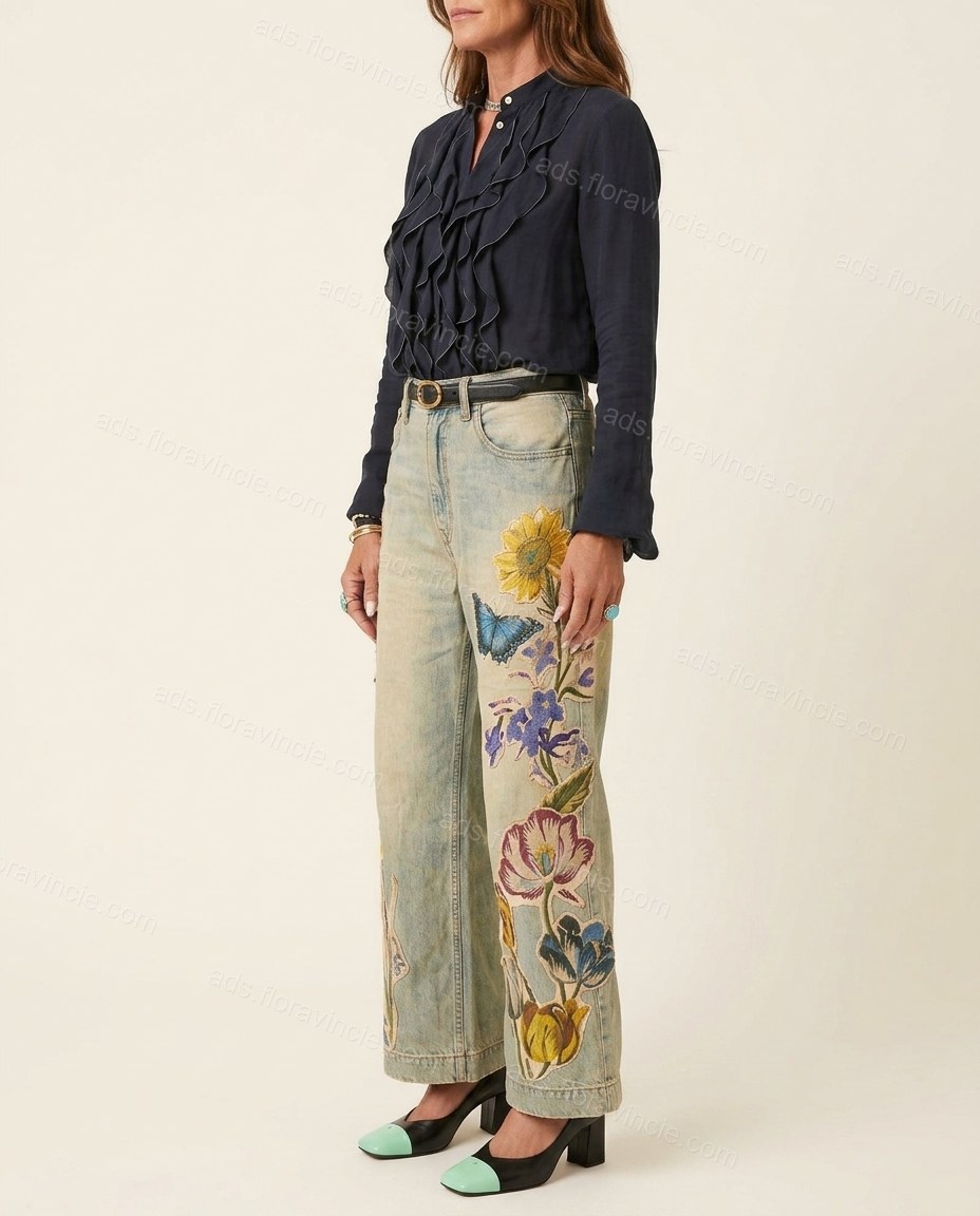 Light Blue Floral Embroidered Denim Blouse & Pants Set, side and back studio view, by ads.floravincie.com