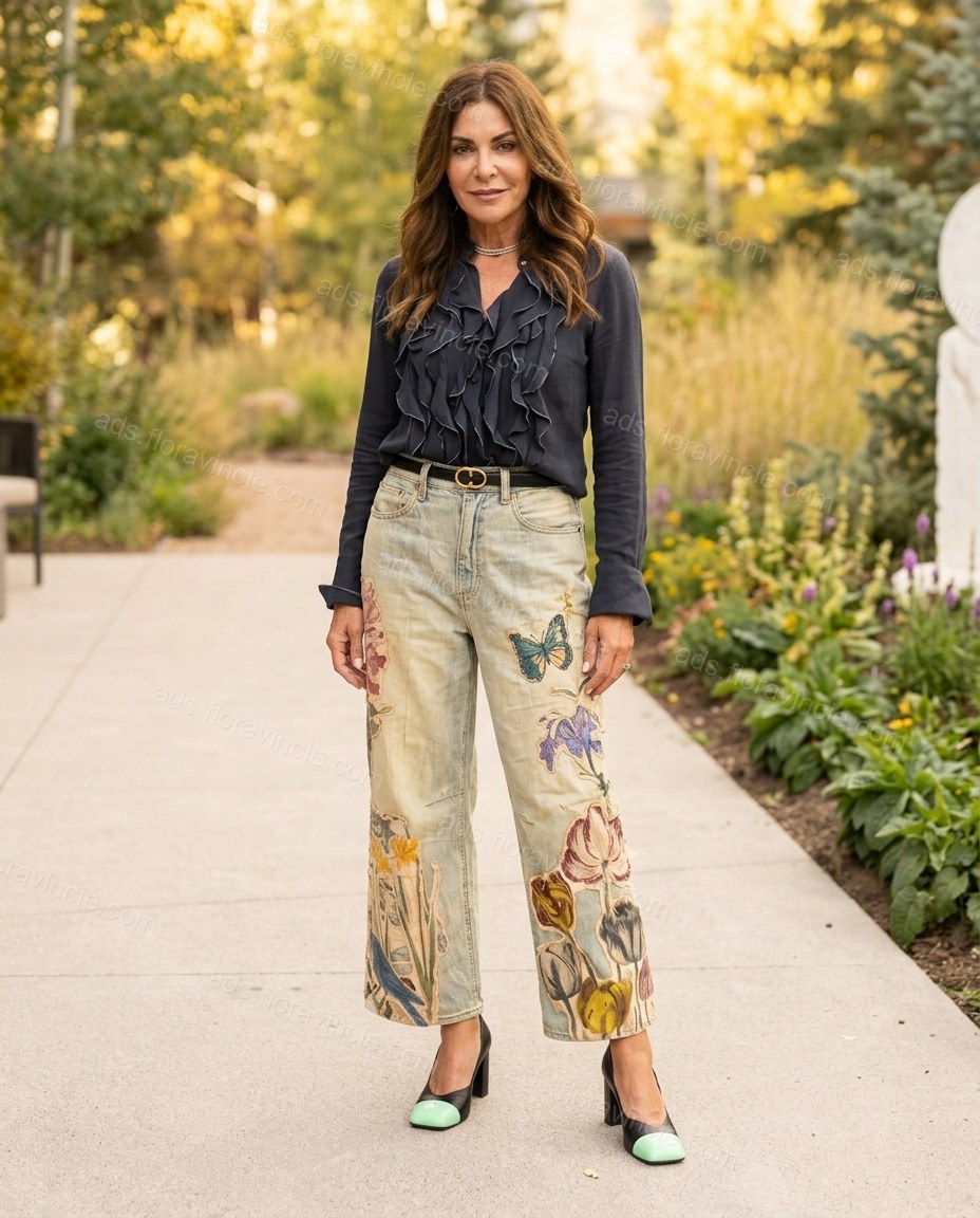Light Blue Floral Embroidered Denim Blouse & Pants Set, full-length hero view, by ads.floravincie.com