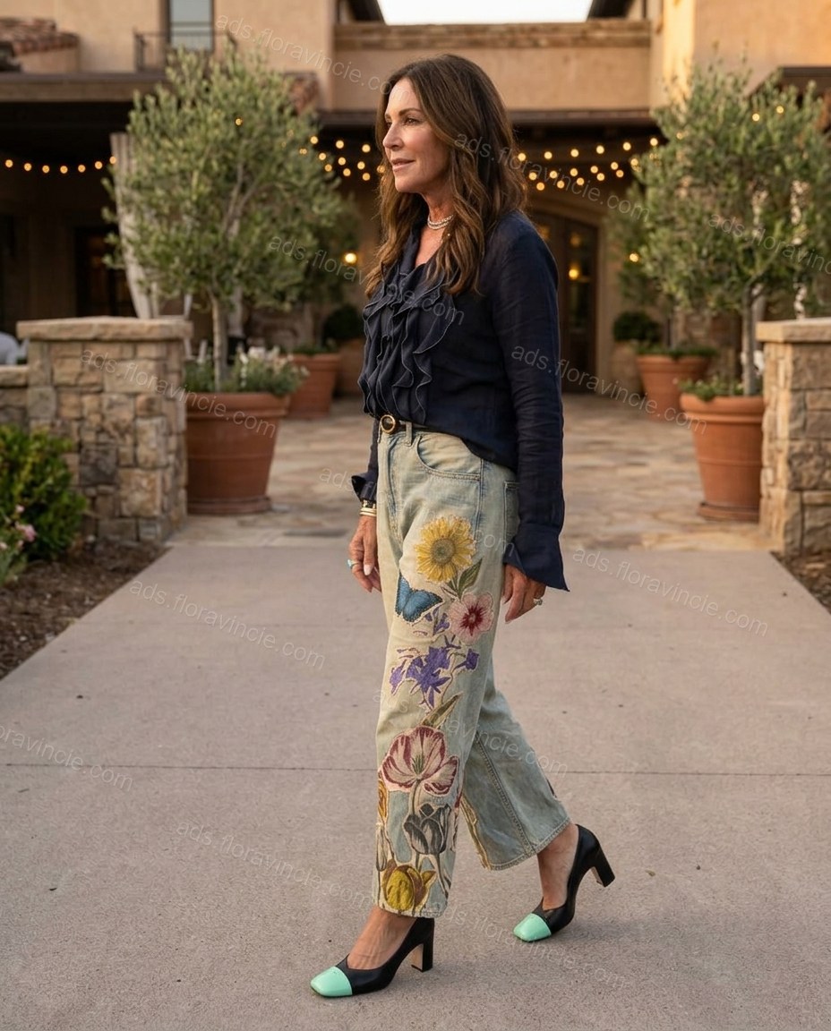 Light Blue Floral Embroidered Denim Blouse & Pants Set, walking lifestyle view, by ads.floravincie.com