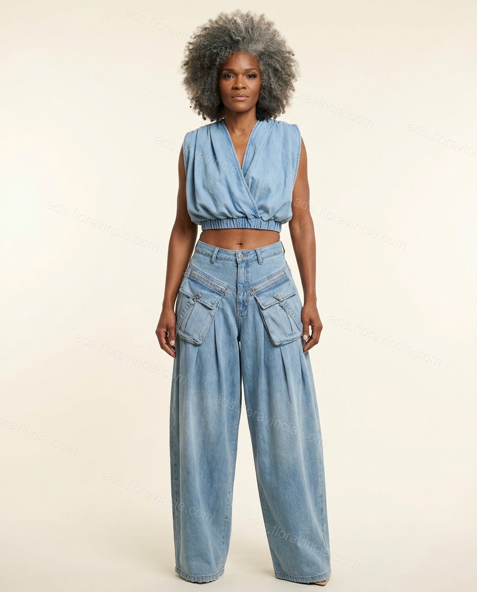 Light Blue Pleated Denim Pants Set, front studio view, by ads.floravincie.com