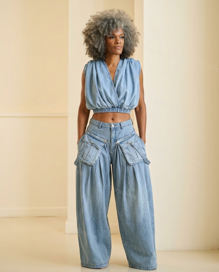 Light Blue Pleated Denim Pants Set, full-length hero view, by ads.floravincie.com
