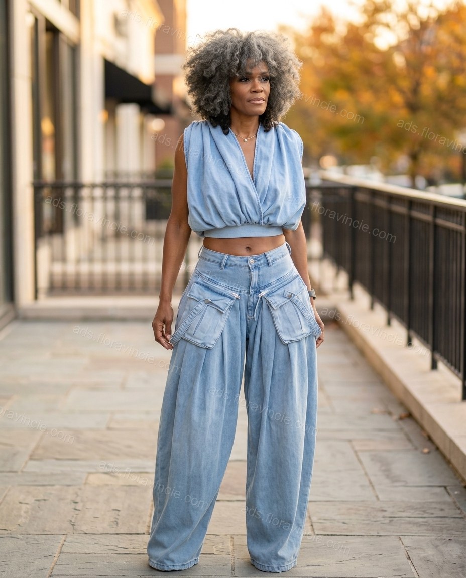 Light Blue Pleated Denim Pants Set, alternate use-case lifestyle view, by ads.floravincie.com