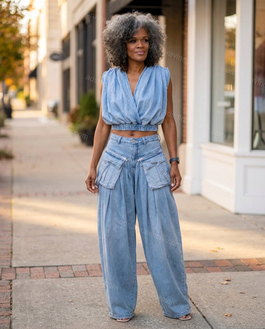 Light Blue Pleated Denim Pants Set, movement and fit lifestyle view, by ads.floravincie.com