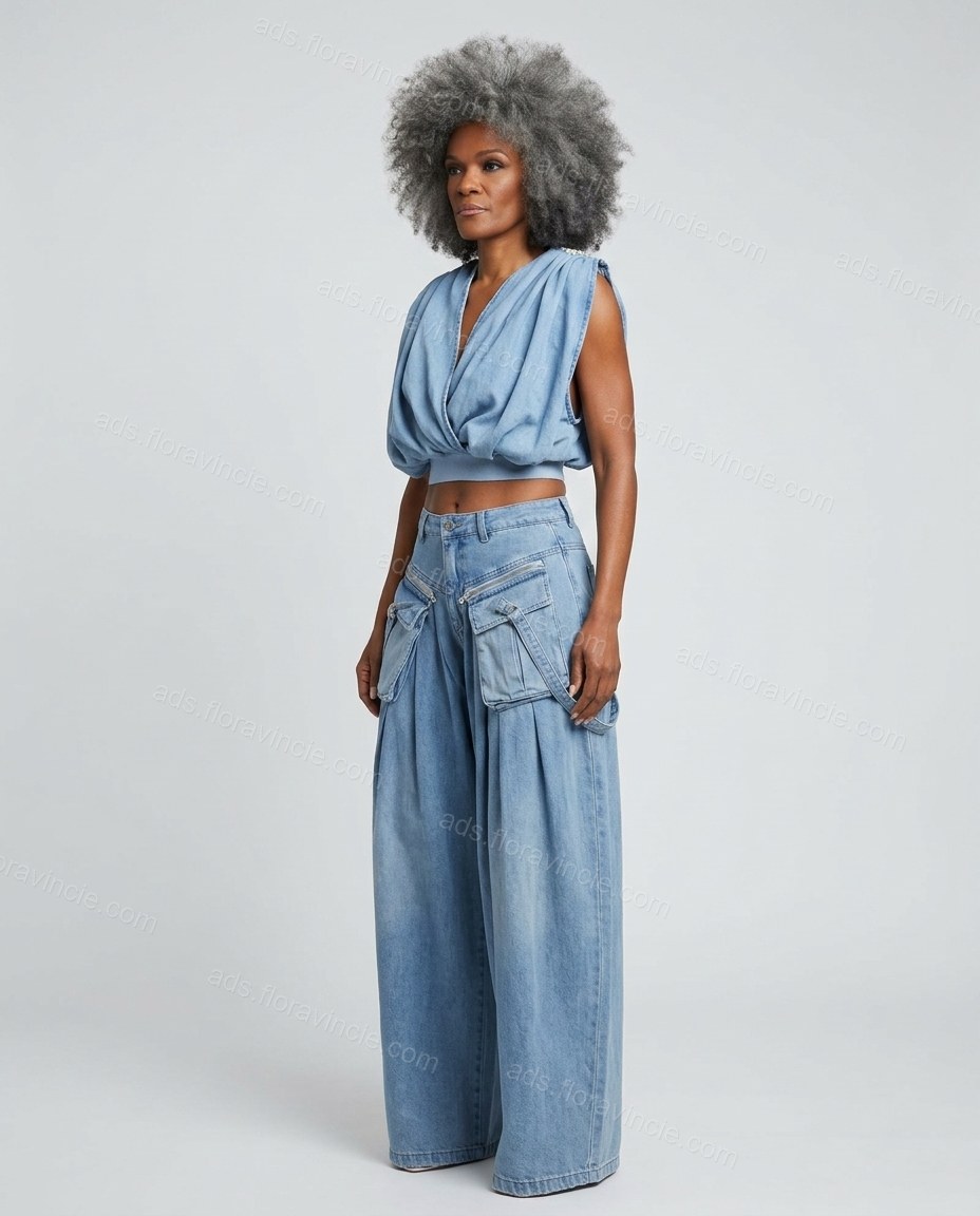 Light Blue Pleated Denim Pants Set, side and back studio view, by ads.floravincie.com