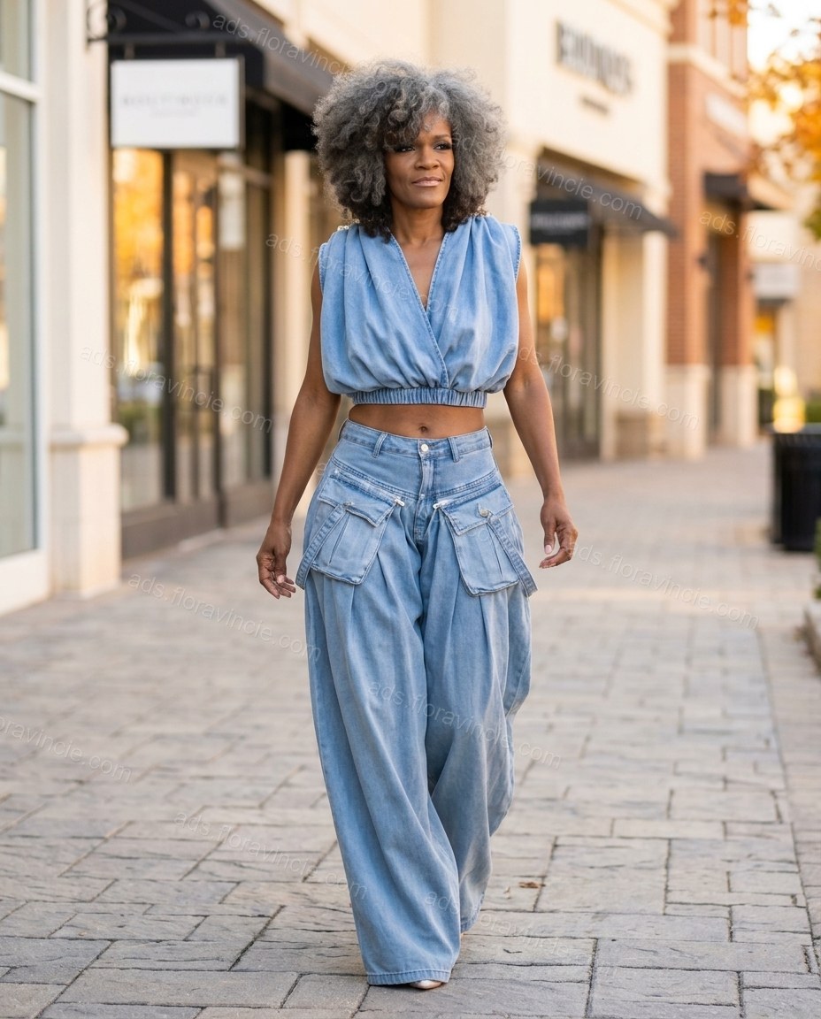 Light Blue Pleated Denim Pants Set, walking lifestyle view, by ads.floravincie.com