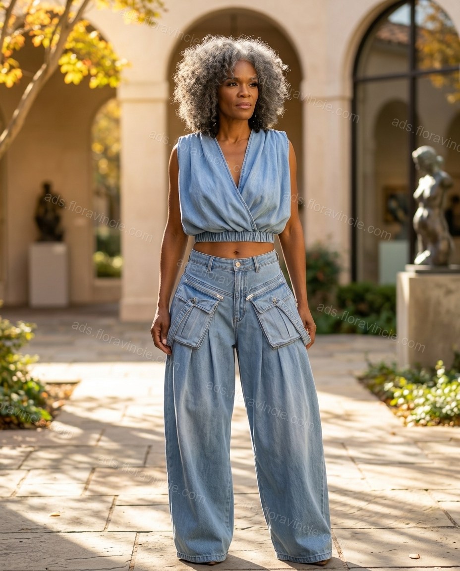 Light Blue Pleated Denim Pants Set, three-quarter brand lifestyle view, by ads.floravincie.com