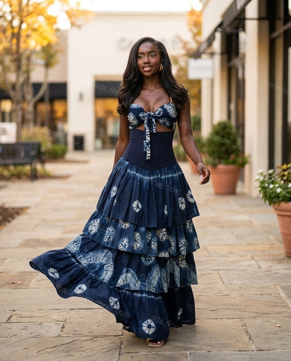 Navy Blue Tie-Dye Maxi Tiered Top & Skirt Set, walking lifestyle view, by ads.floravincie.com