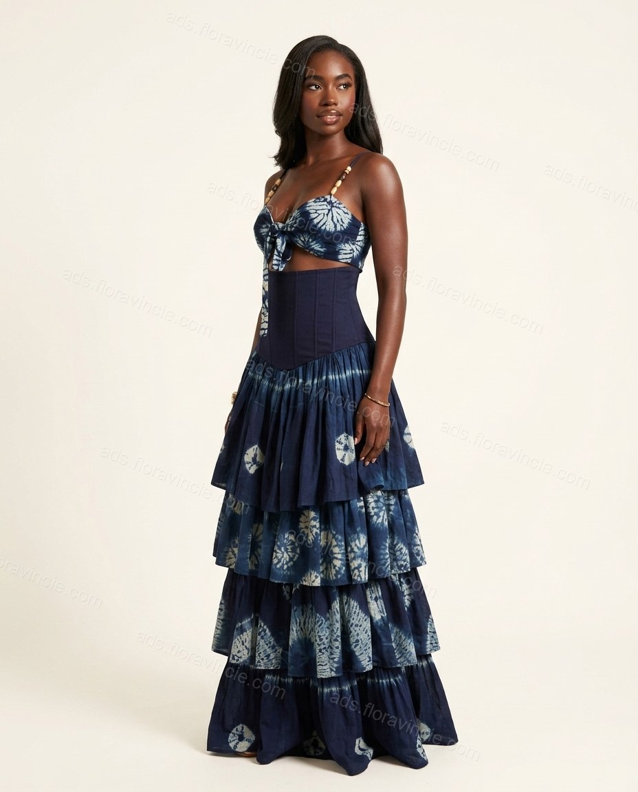 Navy Blue Tie-Dye Maxi Tiered Top & Skirt Set, side and back studio view, by ads.floravincie.com