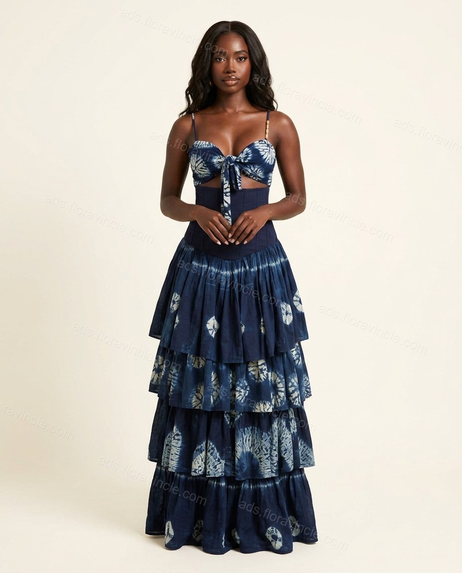 Navy Blue Tie-Dye Maxi Tiered Top & Skirt Set, front studio view, by ads.floravincie.com