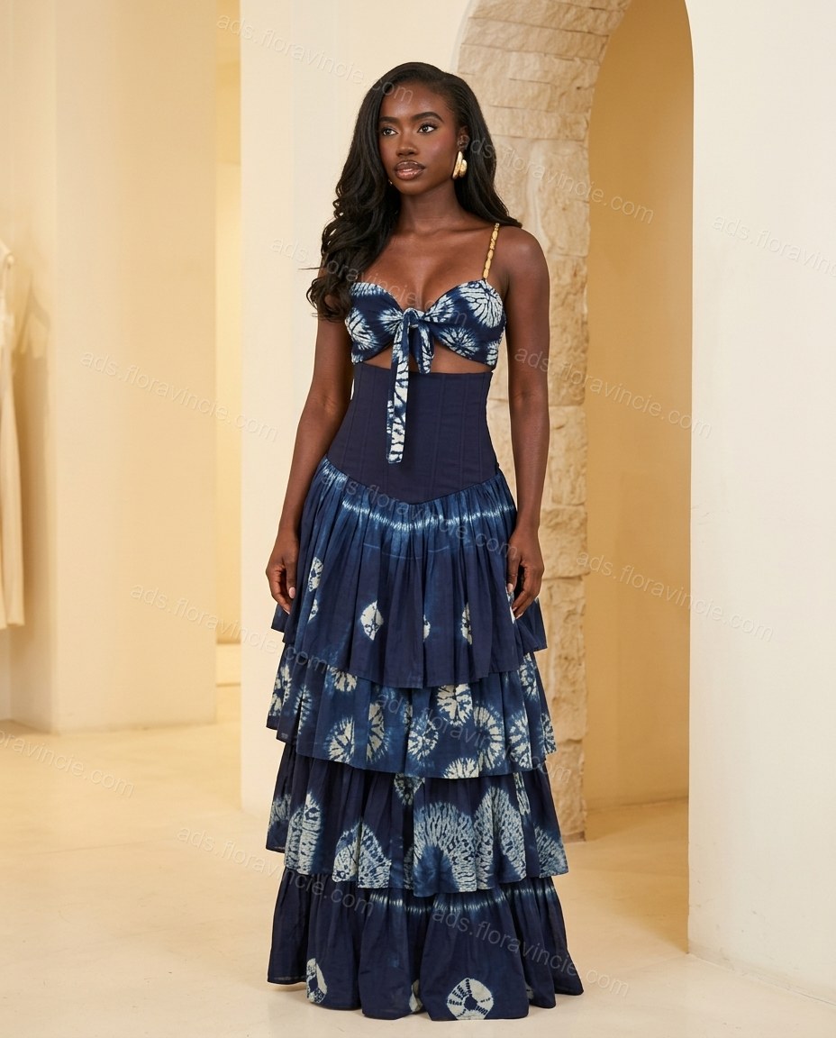 Navy Blue Tie-Dye Maxi Tiered Top & Skirt Set, full-length hero view, by ads.floravincie.com