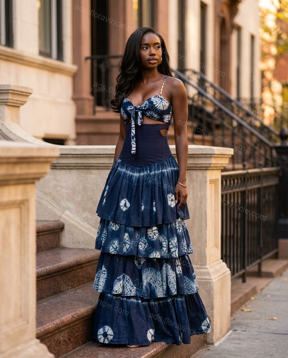Navy Blue Tie-Dye Maxi Tiered Top & Skirt Set, alternate use-case lifestyle view, by ads.floravincie.com