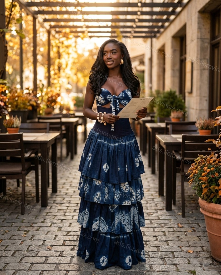 Navy Blue Tie-Dye Maxi Tiered Top & Skirt Set, three-quarter brand lifestyle view, by ads.floravincie.com