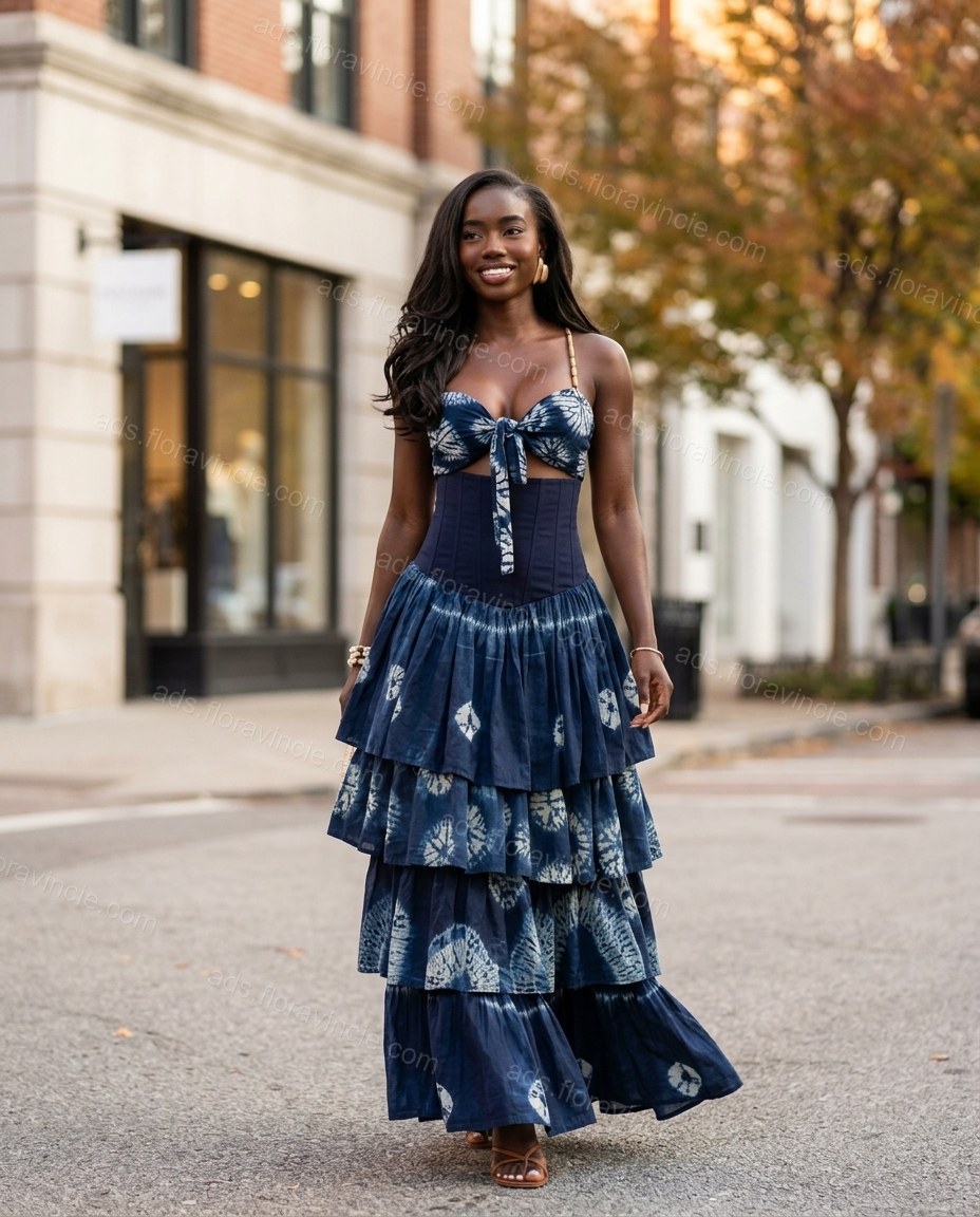Navy Blue Tie-Dye Maxi Tiered Top & Skirt Set, movement and fit lifestyle view, by ads.floravincie.com