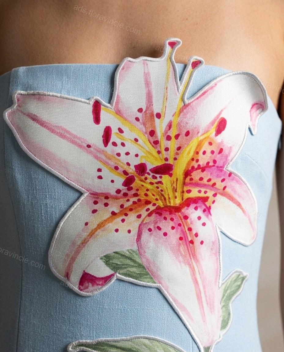 Light Blue Floral Mini Strapless Dress, close-up of floral, by ads.floravincie.com
