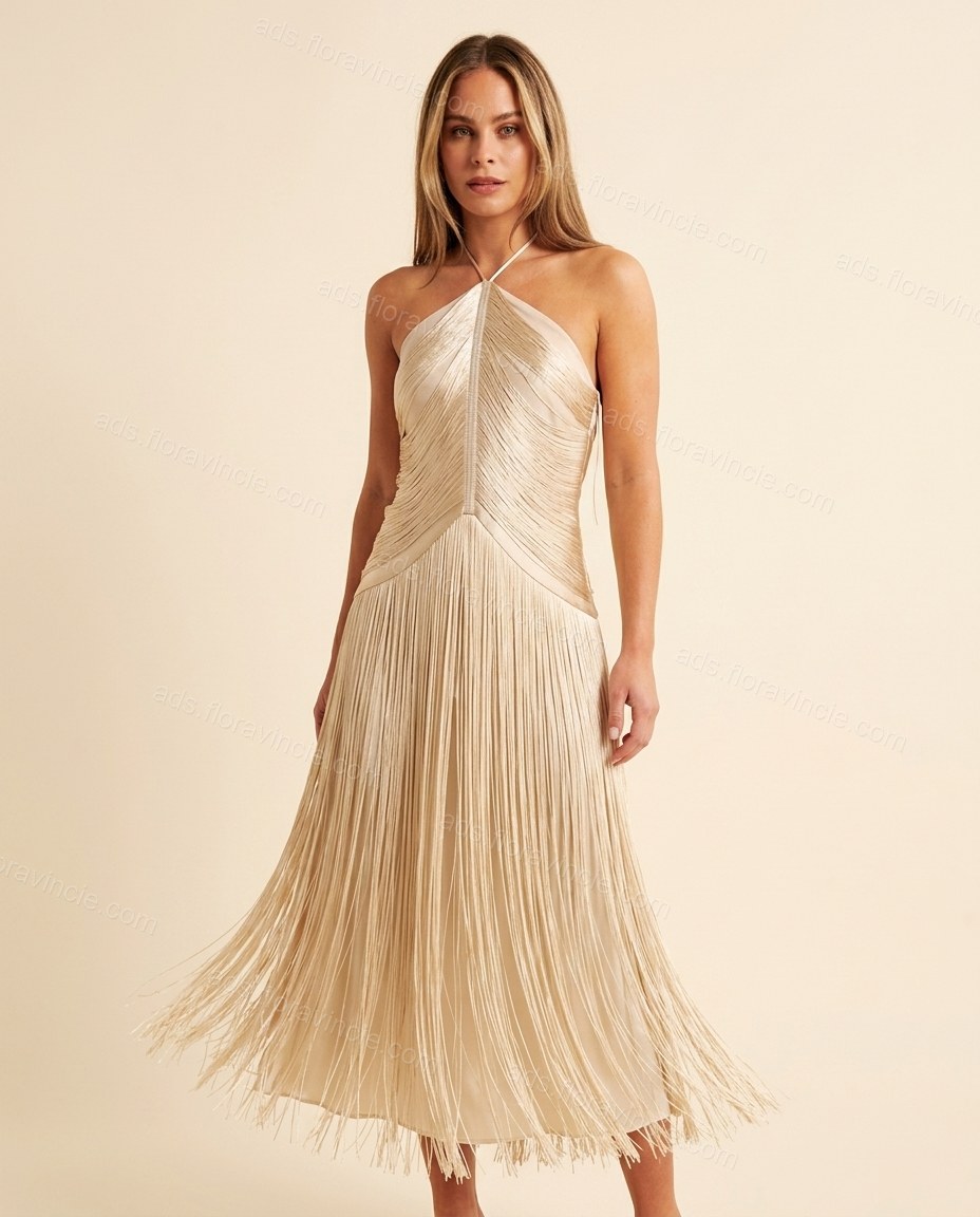 Champagne Midi Halter Fringe Dress, full-length hero view, by ads.floravincie.com