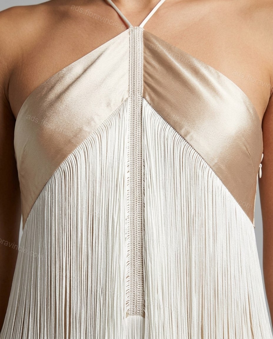Champagne Midi Halter Fringe Dress, close-up of fringe, halter neckline and satin bodice, by ads.floravincie.com