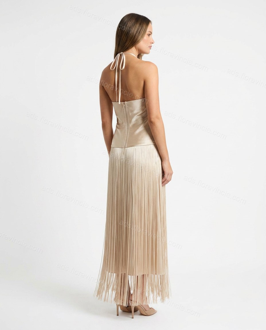 Champagne Midi Halter Fringe Dress, back studio view showing open back design with halter tie, by ads.floravincie.com