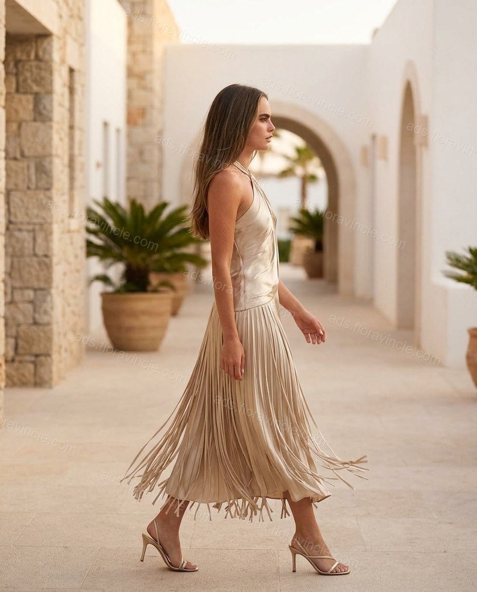 Champagne Midi Halter Fringe Dress, walking lifestyle view, by ads.floravincie.com