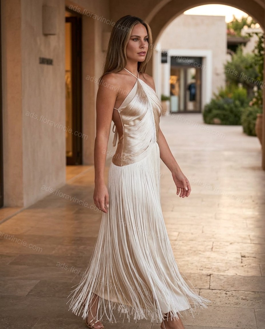 Champagne Midi Halter Fringe Dress, alternate use-case lifestyle view, by ads.floravincie.com