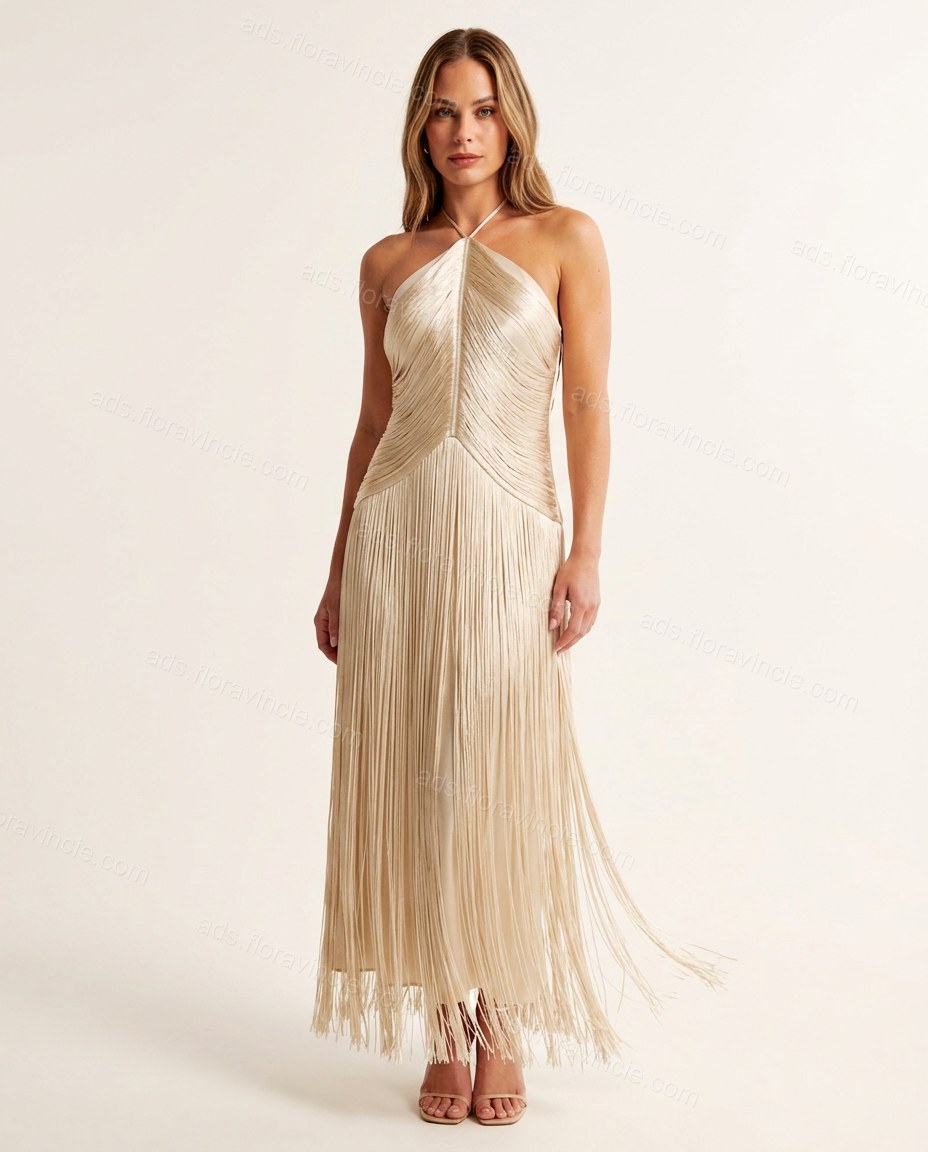 Champagne Midi Halter Fringe Dress, front studio view, by ads.floravincie.com
