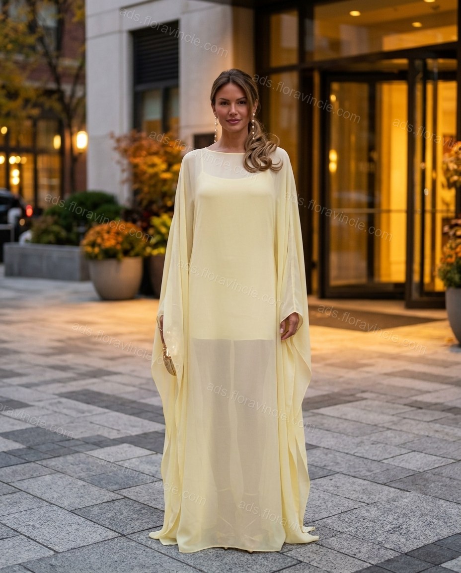 Pale Yellow Cape Chiffon Two-Piece Set, three-quarter brand lifestyle view, by ads.floravincie.com