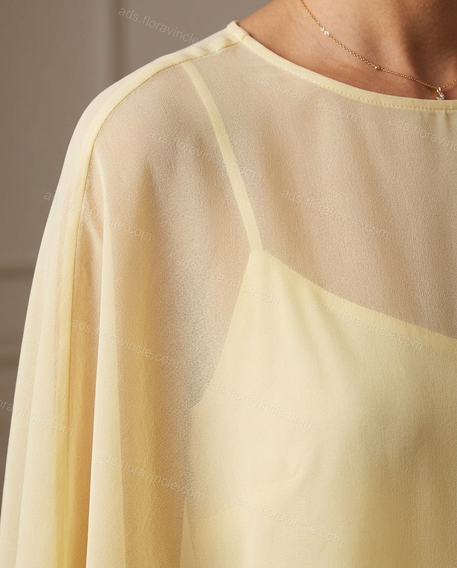 Pale Yellow Cape Chiffon Two-Piece Set, close-up of keyhole back closure, layered construction and sheer cape sleeves, by ads.floravincie.com