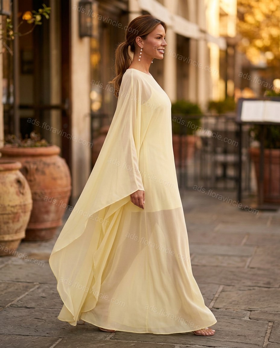 Pale Yellow Cape Chiffon Two-Piece Set, walking lifestyle view, by ads.floravincie.com