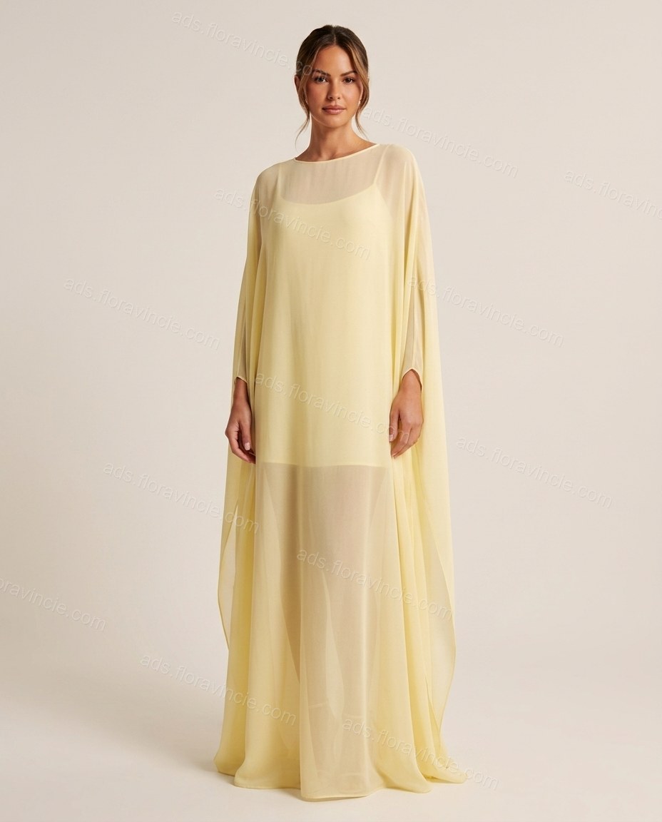 Pale Yellow Cape Chiffon Two-Piece Set, front studio view, by ads.floravincie.com
