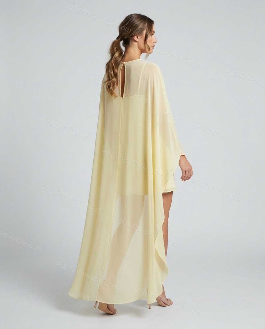 Pale Yellow Cape Chiffon Two-Piece Set, back studio view, by ads.floravincie.com