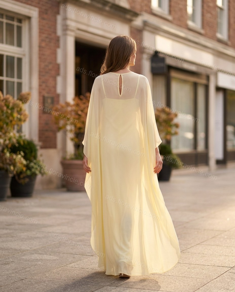 Pale Yellow Cape Chiffon Two-Piece Set, movement and fit lifestyle view, by ads.floravincie.com