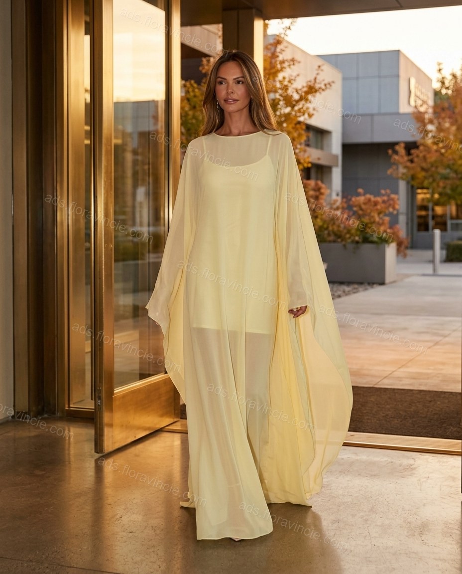 Pale Yellow Cape Chiffon Two-Piece Set, alternate use-case lifestyle view, by ads.floravincie.com