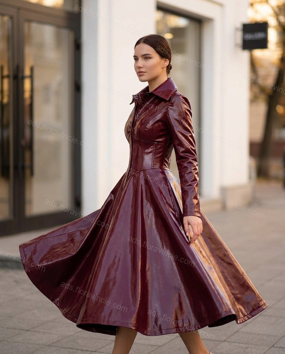 Burgundy Lace Coat, walking lifestyle view, by ads.floravincie.com