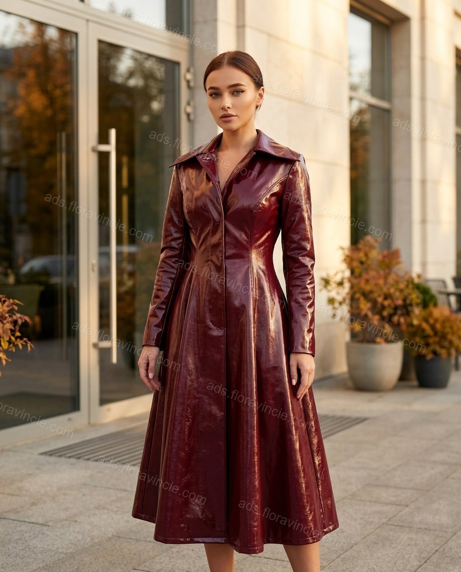 Burgundy Lace Coat, three-quarter brand lifestyle view, by ads.floravincie.com