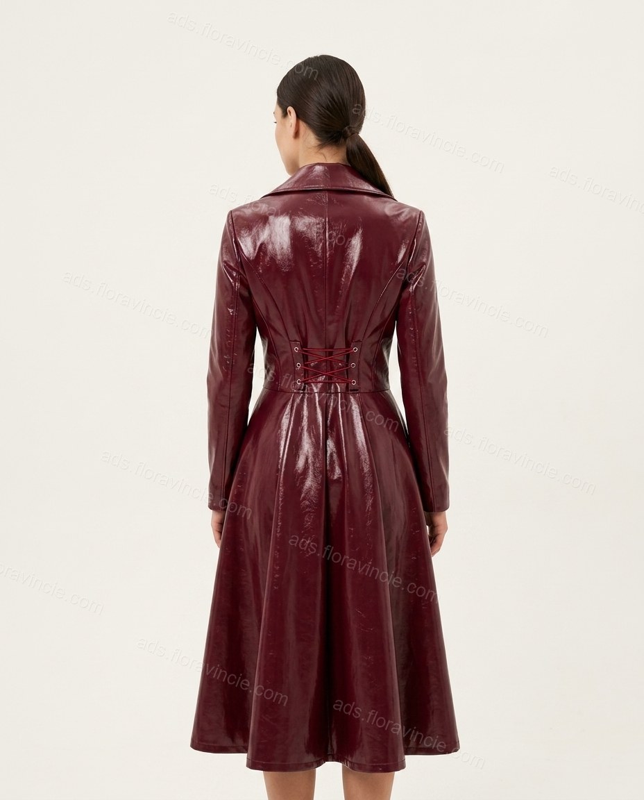 Burgundy Lace Coat, back studio view, by ads.floravincie.com