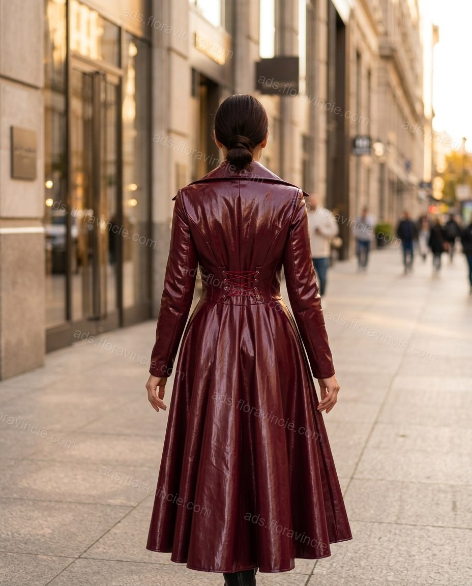Burgundy Lace Coat, movement and fit lifestyle view, by ads.floravincie.com
