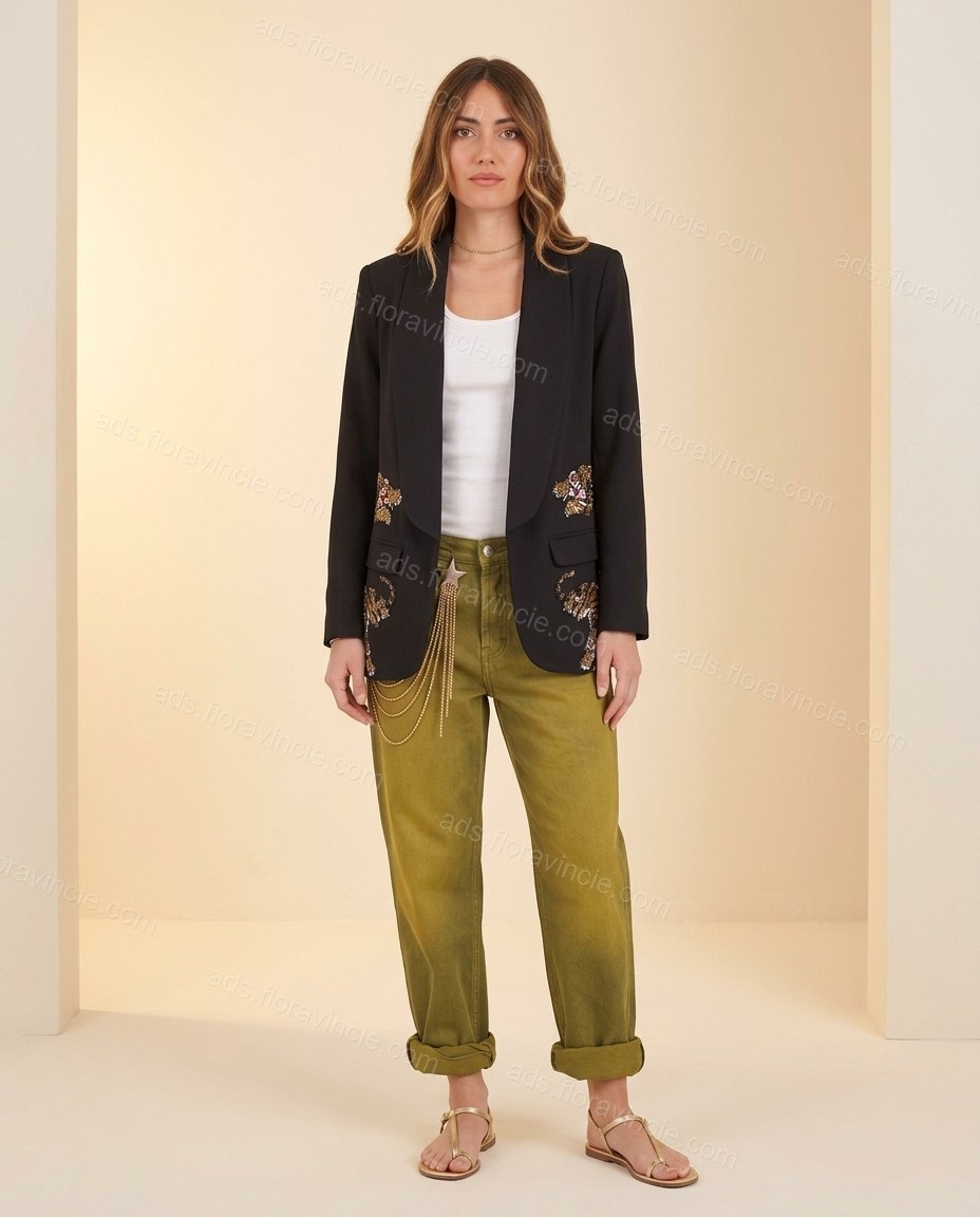 Olive Green Denim Pants Set, full-length hero view, by ads.floravincie.com