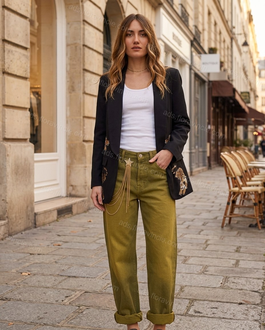 Olive Green Denim Pants Set, three-quarter brand lifestyle view, by ads.floravincie.com