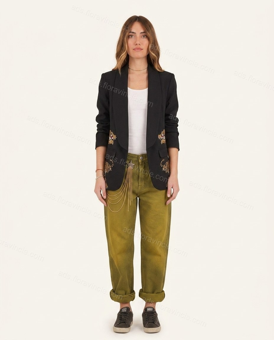 Olive Green Denim Pants Set, front studio view, by ads.floravincie.com