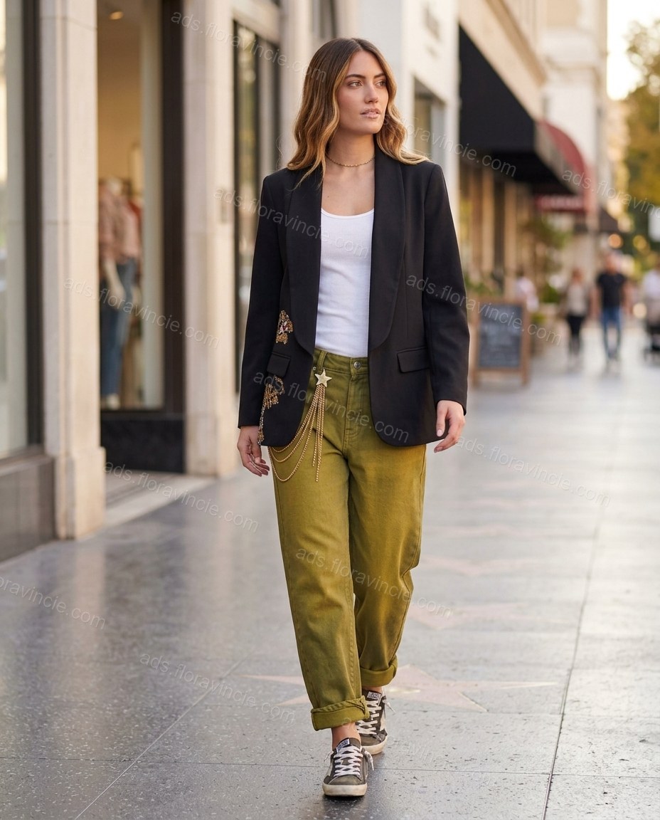 Olive Green Denim Pants Set, walking lifestyle view, by ads.floravincie.com