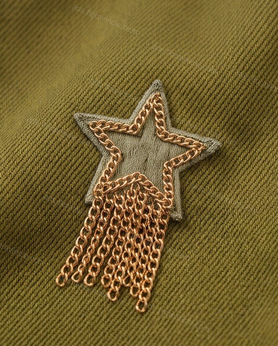 Olive Green Denim Pants Set, close-up of gold accents, cuffed hem and five-pocket styling, by ads.floravincie.com