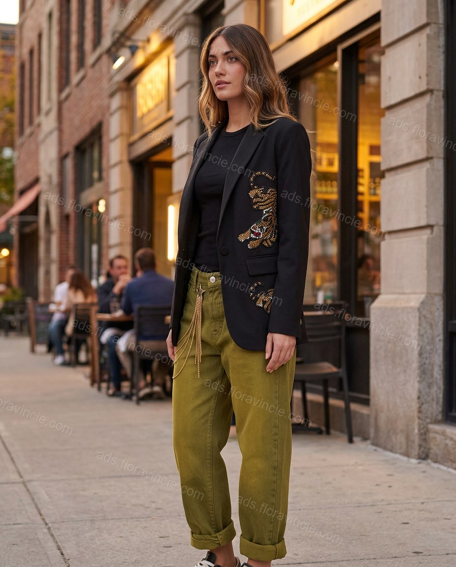 Olive Green Denim Pants Set, alternate use-case lifestyle view, by ads.floravincie.com