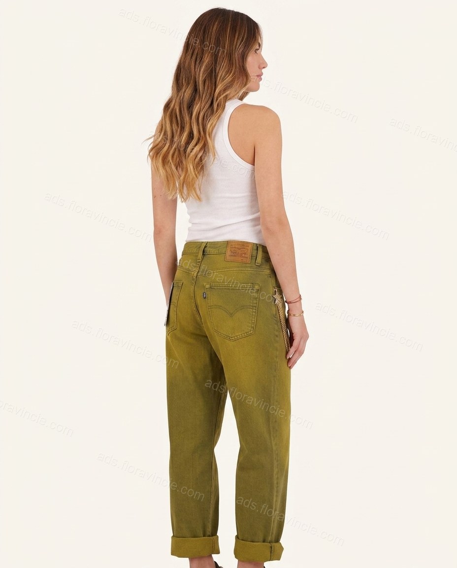 Olive Green Denim Pants Set, back studio view showing standard denim back pockets with visible brand tag, by ads.floravincie.com