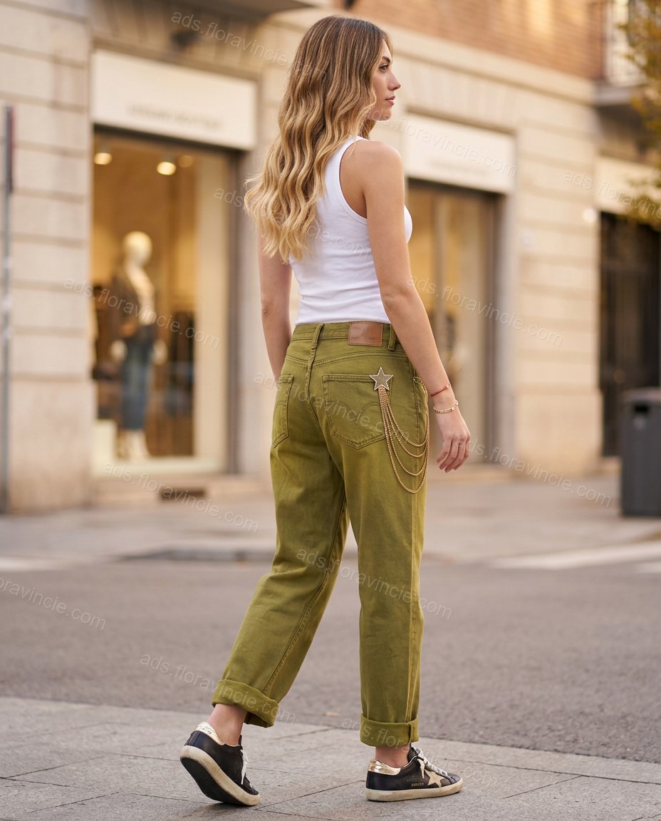 Olive Green Denim Pants Set, movement and fit lifestyle view, by ads.floravincie.com