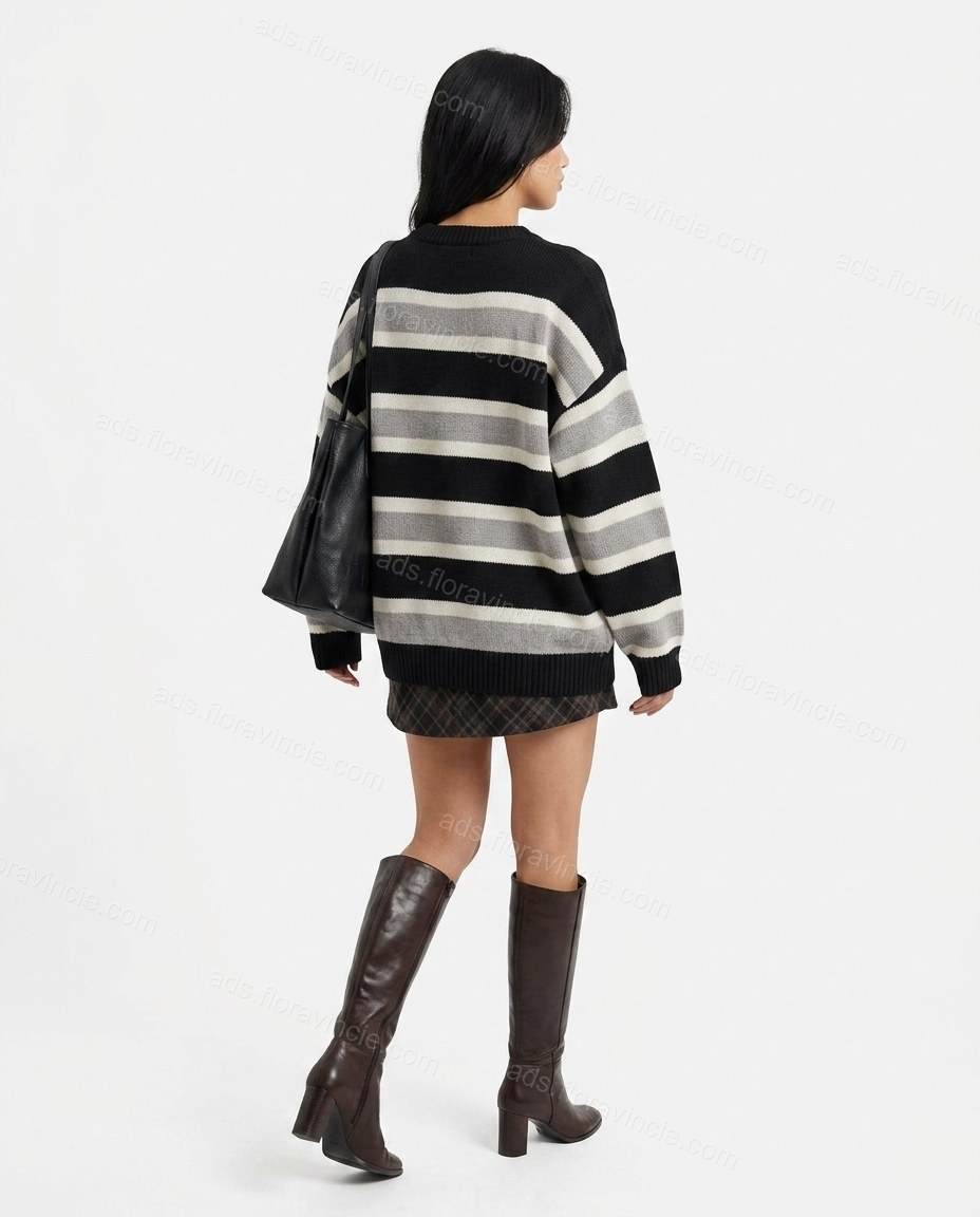 Black Striped Knit Ribbed Top & Skirt Set, back studio view showing horizontal stripes continue across the back, by ads.floravincie.com
